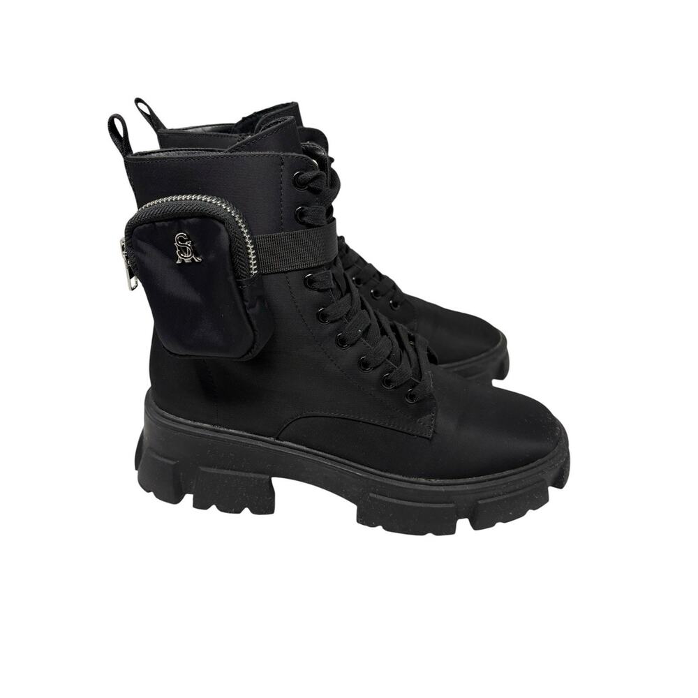 Steve Madden Thora P Black Satin Platform Combat Boots w/ Pocket US 10